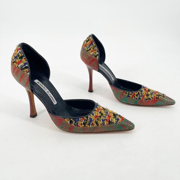 Manolo Blahnik Retro Multicolor Boucle Lizard Pointed Toe D'Orsay Pump IT 37 - Picture 1 of 11